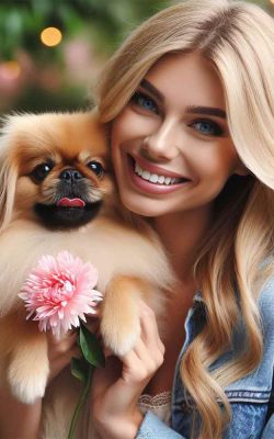 Happy woman holding a small dog close to her, who she has adopted.